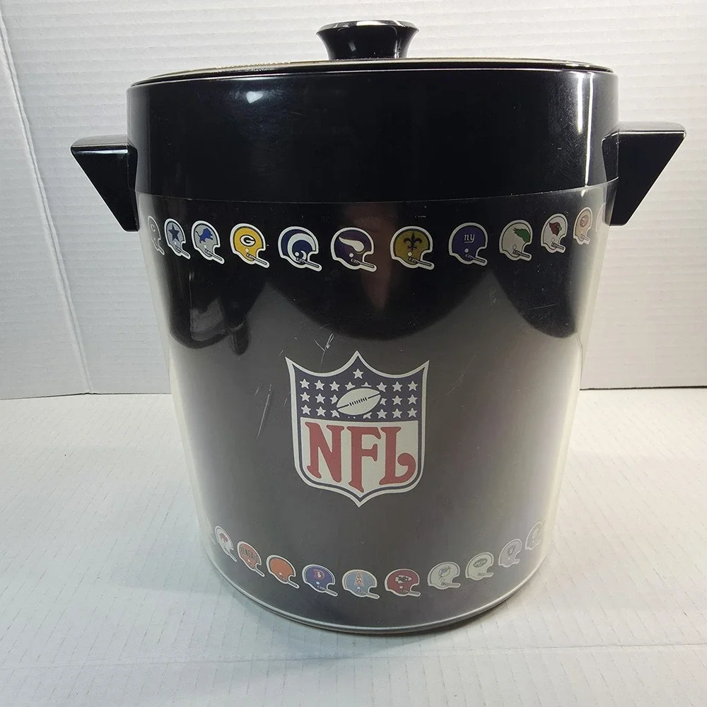 VTG 1970s NFL Ice Bucket Thermo-Serv West Bend Black Plastic 28 Team‎ Logos USA